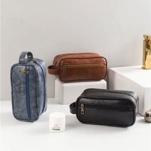 Men Vintage Pu Toiletry Bag Double Zipper Large Capacity Shaving Dopp Kit Travel Wash Bag With Hand Strap - Product Image 4