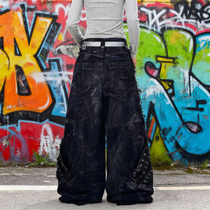 Celana Jeans Pria Cotton Fashion Nova Rajutan Musim Dingin Streetwear Pinggang Tinggi Custom Pita Rumbai Lubang Patchwork Model Kaki Melengkung - Product Image 3