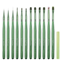 Fournitures pour ongles avec logo personnalisé, ensemble de 12 pinceaux à ongles en bois vert avec embouts métalliques pour vernis gel et nail art