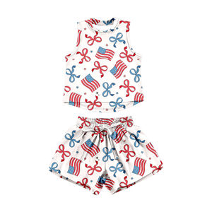GSSO3519 Conjunto de Ropa de Verano para Niña, Diseño Personalizado con Lazo Azul y Estampado de Bandera del 4 de Julio, Venta al Por Mayor, Sin Mangas - Product Image 6