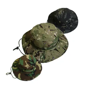 Topi Bucket taktis pria, topi olahraga pelindung matahari berburu mendaki, topi nelayan tepi lebar Multicam dengan tali tahan angin