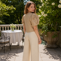 Chemisier femme kaki brodé à œillets, col en V, manches ballon, boutonnage frontal, style vintage, coupe courte, chemise unie d'été