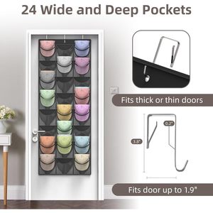 <b>Hat</b> Organizer Rack 24 Pockets Deeper Storage For Baseball Caps Door Wall Hanging With 3 Hooks Black - Product Image 3