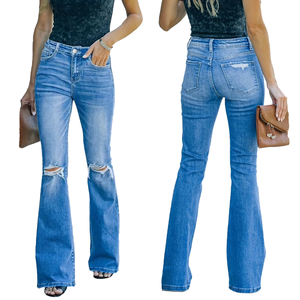 Nouveauté : Pantalon en jean pour femme, très extensible, respirant, élégant, à boutons, coupe évasée, long, taille haute, style décontracté d'été, vente en gros - Product Image 1