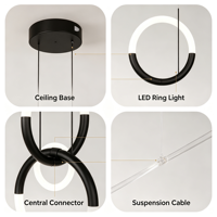 Luminaire suspendu LED moderne noir et blanc à double anneau entrelacé, lustre circulaire minimaliste pour hall d'entrée, chambre à coucher, hôtel