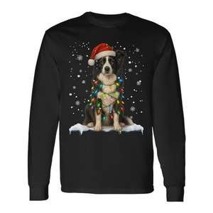 T-shirt à manches longues pour amoureux des chiens Border Collie, lumières de Noël, Père Noël, pour amoureux des chiens - Product Image 1