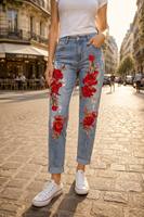 Jeans pour femmes, broderie florale 3D colorée, extensible, coupe-vent, respirant, déchiré avec feuilles dorées, coupe courte, ourlet retroussé