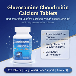 Comprimés <span class=keywords><strong>de</strong></span> <span class=keywords><strong>glucosamine</strong></span>, chondroïtine et calcium pour la santé des articulations |   120 unités <span class=keywords><strong>de</strong></span> 1g |   Réparation du cartilage et soutien osseux |   Prêt à expédier, faible MOQ - Product Image 1