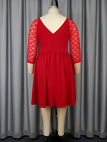 Robe décontractée pour femmes AOMEI, col en V, manches trois quarts, avec dentelle, coupe évasée, rouge brillant, grande taille, pour la danse et l'été