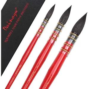 Natural Bristle Paint Brush Red Handle Watercolor Pen Mop Round Squirrel Hair Brush with 3 Gouache Artist Brushes