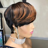 Perruque courte droite en cheveux humains, couleur 1B/30 noir avec mèches brunes, coupe pixie, fabriquée à la machine, pour femmes noires, ondulée en couches