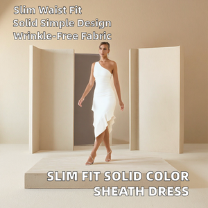 Robe midi asymétrique à une épaule Style De Maison, coupe trapèze, blanc uni, élégante pour les soirées, sans manches, taille naturelle - Product Image 2