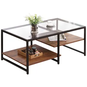 ชุดโต๊ะกาแฟ2ชิ้นด้านบนเป็นกระจกที่มีขอบสีดำโค้งงอมีชั้นวางใต้โต๊ะสำหรับเก็บของ