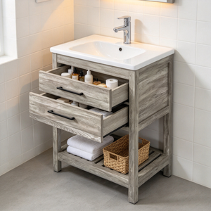 Meuble de salle de bain autoportant en bois massif rustique et vieilli avec double vasque et étagère inférieure à lattes - Product Image 4