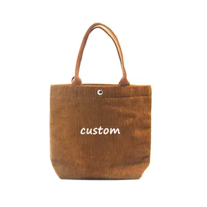 Custom Logo Reusable Girls Women Zipper Casual Tote's Handbag Big Capacity Shoulder Bag Maillard Corduroy Bag With Pockets