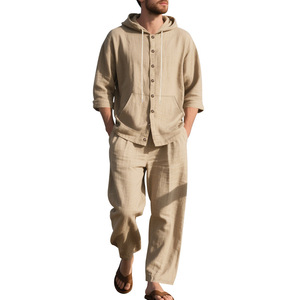 Nuovi <span class=keywords><strong>pantaloni</strong></span> lunghi da <span class=keywords><strong>uomo</strong></span> in <span class=keywords><strong>lino</strong></span> Casual da spiaggia con cappuccio per la primavera autunno Set di camicie con collo mandarino 2025 la vendita calda - Product Image 2