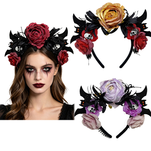 Serre-tête floral gothique Jour des Morts, rose artificielle, chauve-souris, crâne, accessoire de cheveux pour femme, Halloween, soirée, festival, fête - Product Image 1