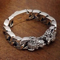 Personnalisé Mode Plaqué Argent Dominateur Double Tête de Léopard Bracelet Tricoté à la Main Bracelet pour Homme en Argent Thaïlandais