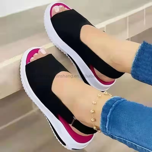 Women Supply Color Block European and American Style Magic Tape Peep Toe <b>Sandals</b> Summer Suede Thick Sole Wedge <b>Sandals</b> Wholesale - Product Image 1