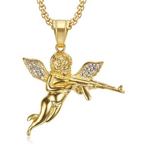 Collier pendentif en métal Hip Hop Punk Angel Gun Iced Out avec zircone cubique, bijoux <span class=keywords><strong>de</strong></span> mode pour hommes, style streetwear - Product Image 1