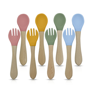 Safe BPA Free Baby Wooden Spoon Set Silicone Handle Non-Toxic Toddler Kids First Mealtime Cutlery Fork Utensils Dinnerware - Product Image 1