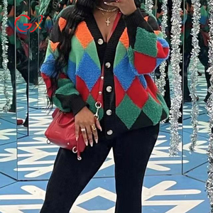 GX89025 nueva ropa <span class=keywords><strong>de</strong></span> calle Otoño Invierno chaqueta <span class=keywords><strong>de</strong></span> <span class=keywords><strong>mujer</strong></span> <span class=keywords><strong>de</strong></span> gran tamaño abrigo rombo Color bloqueo manga larga único elegante suéter <span class=keywords><strong>de</strong></span> punto - Product Image 1