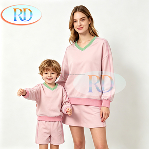 New Autumn Yellow <strong>Matching</strong> Family V-Neck Sweatshirt Set Color-Block Long-Sleeve Top &amp; Shorts Bamboo Terry Casual Daily <strong>Outfits</strong> - Product Image 3