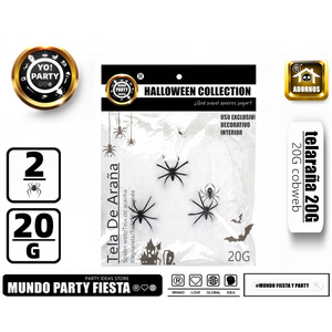 WEB-20G di ragno di cotone bianco di HALLOWEEN con 2 ragni neri #72001 forniture per le vacanze di Halloween - Product Image 1