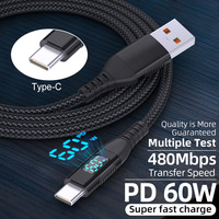 Câble USB Type-C de charge rapide et de transfert de données 60W 3A DC avec affichage numérique LED et gaine tressée 60W pour téléphones mobiles