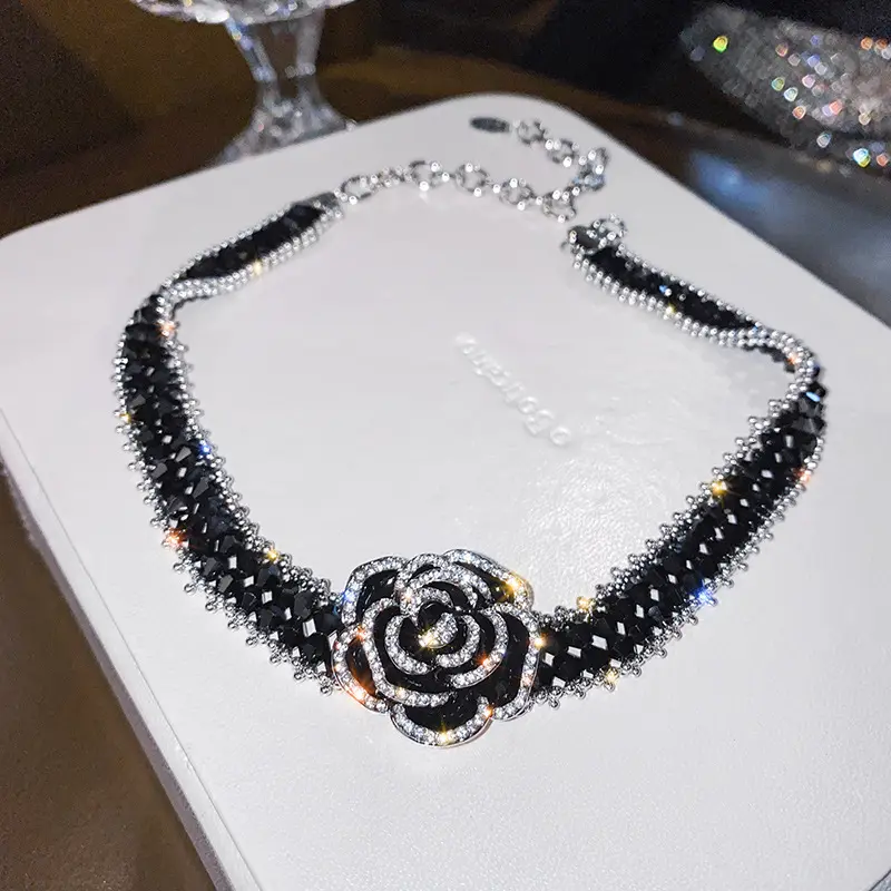 Midnight Rose Handmade Beaded Necklace French Vintage Rhinestone Black Crystal Flower Choker Necklaces