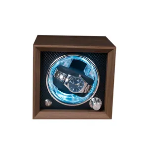 Scatola di immagazzinaggio dell'orologio rotante della scatola dell'avvolgitore dell'orologio del giroscopio automatico singolo di legno dell'uomo sicuro di lusso all'ingrosso della noce con luce blu