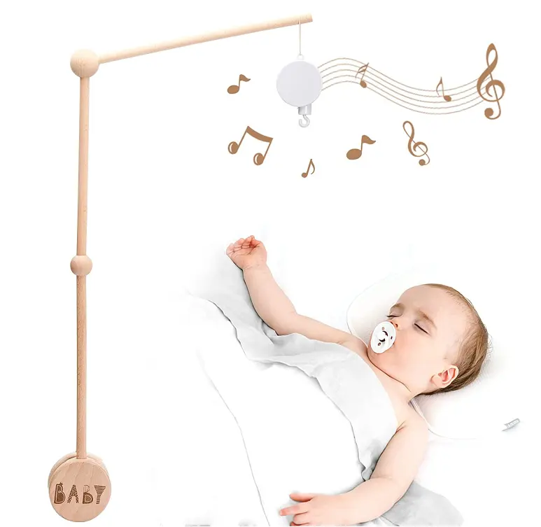 Handmade hanging 30inches beech hangers wooden baby crib mobile holder arm with rotating music box attachment safe anti slip set