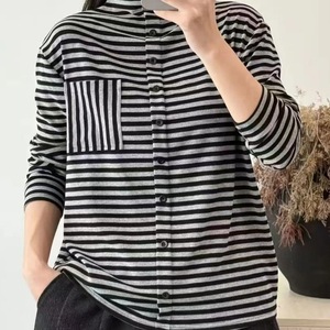 Striped Long Sleeve Button Down Top Women Autumn Winter Loose Fit Knit Shirt Red Black Navy Blue DF B47 - Product Image 2