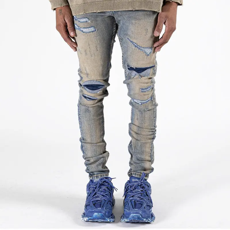 Customization rips and slim fit dark washed jeans men's denim trousers