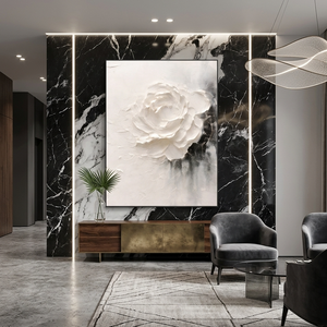 Peinture à l'huile moderne de rose blanche texturée en 3D sur toile |   Art mural abstrait peint à la main de luxe pour la décoration d'hôtels et de maisons, taille personnalisée - Product Image 3