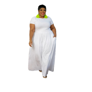 Robe d'été élégante décontractée pour femmes grandes tailles, couleur unie, taille cintrée, grande jupe évasée, manches courtes, silhouette ample, tombée - Product Image 1