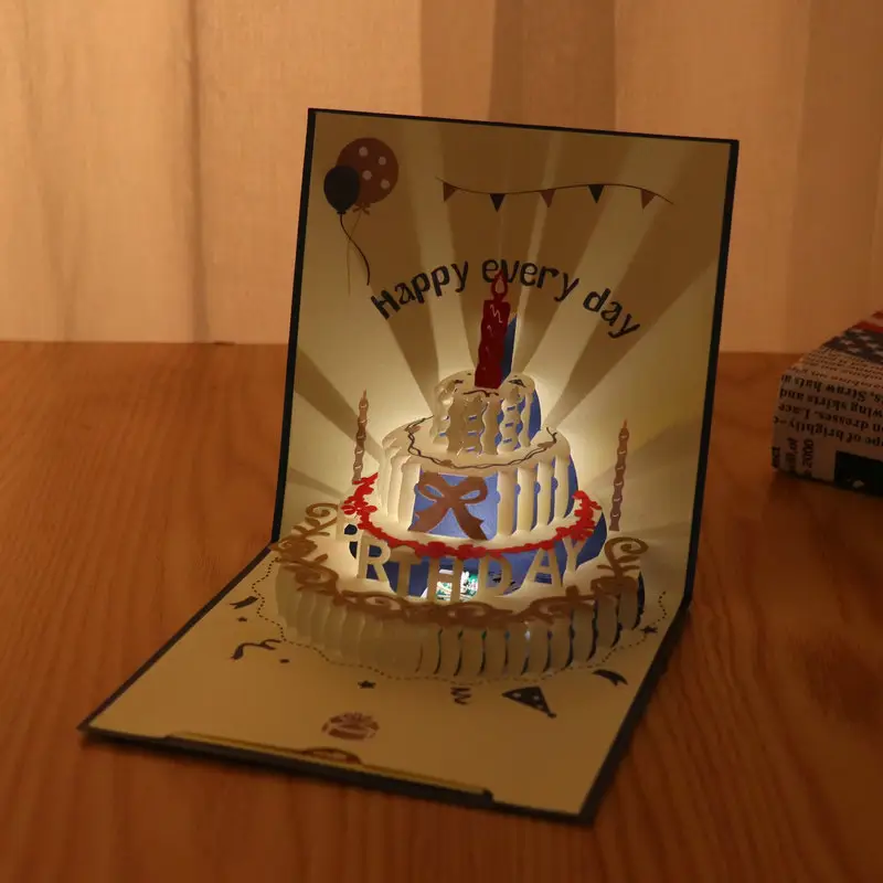 LED Light Music Funny Happy Birthday Card With Envelope Custom 3D Birthday Cake Card Kid Gift Birthday Decoration Party Supplies