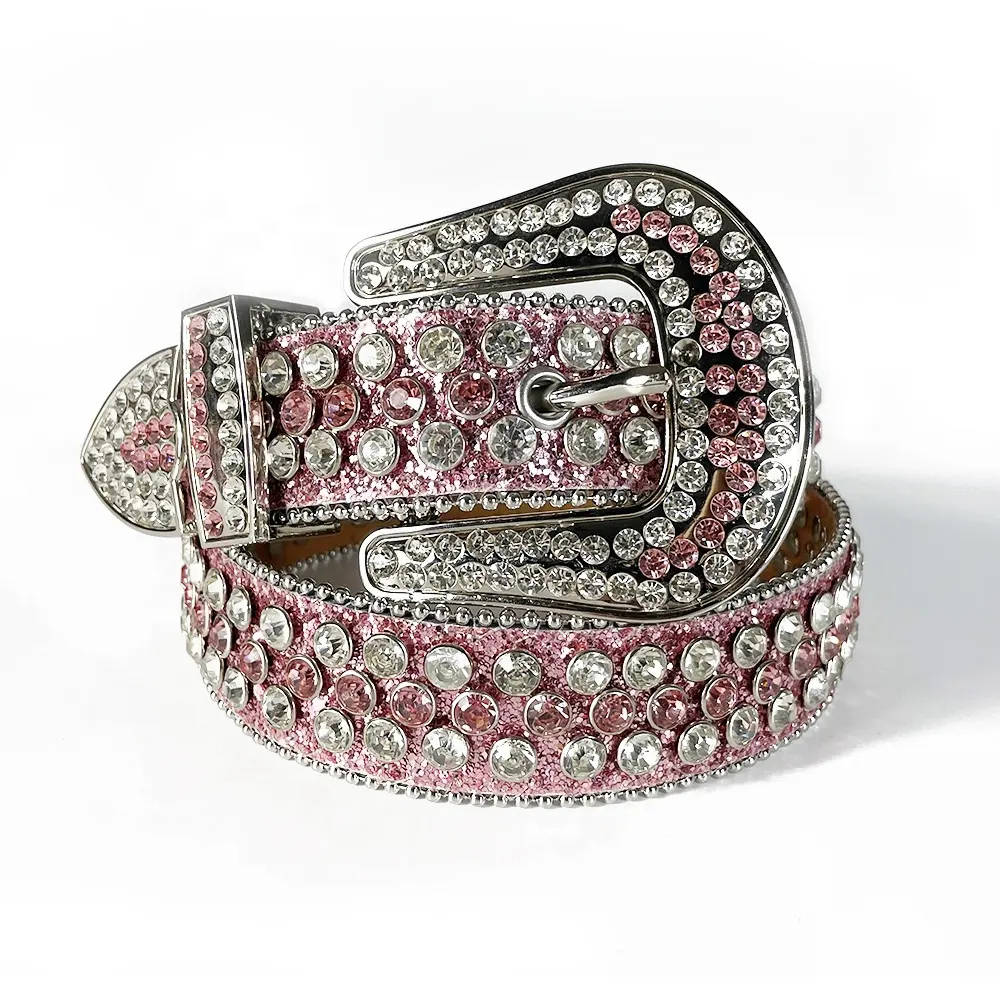 Attractive Pink Bling Bling Rhinestone Belt Western Female Belt Crystal Diamond Studded Wholesale Leather Belt For Girl