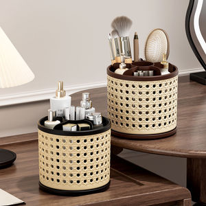 Vintage Style Rotary Makeup Organizer With Partitions Desktop Storage Cylinder Brown <b>Black</b> 4 In 1 - Product Image 1