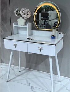 Wholesale Modern Bedroom Dressing Furniture <b>LED</b> Round <b>Mirror</b> <b>Makeup</b> Vanity Desk With Storage Drawers And Stool - Product Image 4