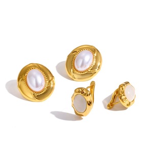 <b>Stud</b> <b>Earrings</b> 18k Gold Plated Stainless Steel Pearl Bezel Setting Geometric Design For Women Everyday Wear - Product Image 4