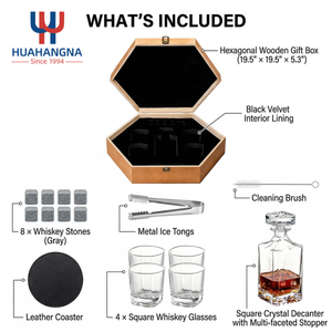 Luxury Crystal Liquor Whiskey Decanter Set with 4 Drinking Glasses & 8 Stones in Hexagonal Wooden Gift <b>Box</b> for Men Groomsmen Bar - Product Image 4