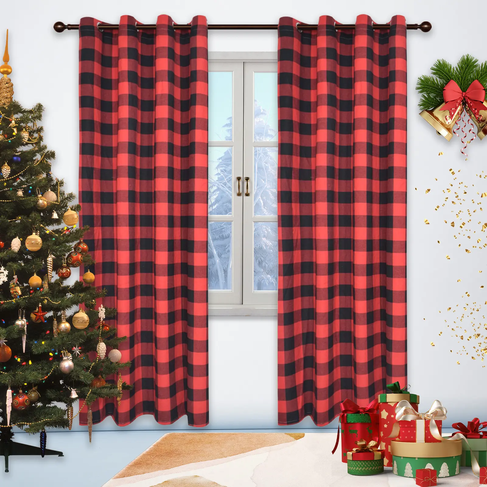 Wholesale Plaid Christmas Curtain Curtain Supplier for The Living Room, Christmas Woven 100% Polyester Modern Geometric Grommet