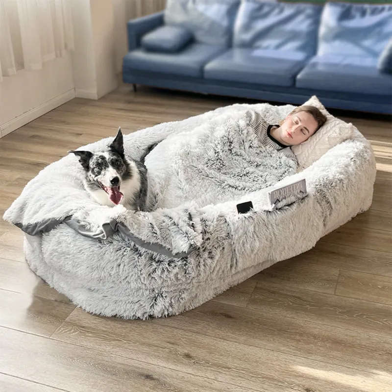 Grosir disesuaikan berbulu tidak bisa dihancurkan mewah super besar raksasa ukuran manusia tempat tidur anjing untuk manusia