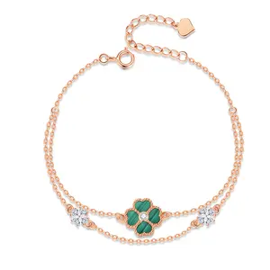 VANA Clover Heart 2 Layered Malachite 925 Sterling Silver Bracelet Rose Gold Bangle Bracelet Women Designer Jewelry Bracelets