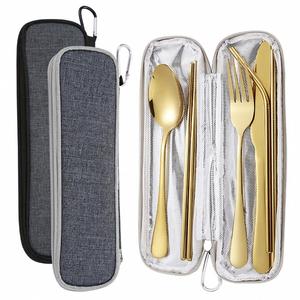 Ensemble d'ustensiles de voyage réutilisables avec logo personnalisé, fourchette, cuillère, couteau, baguettes et paille en acier inoxydable, avec pochette zippée, pour cadeaux événementiels - Product Image 6
