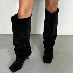 Sepatu <span class=keywords><strong>Boots</strong></span> Wanita Hak Tipis Warna Kustom Baru, Bahan Suede Solid Setengah Paha, Model Slip On, Ujung Persegi - Product Image 4