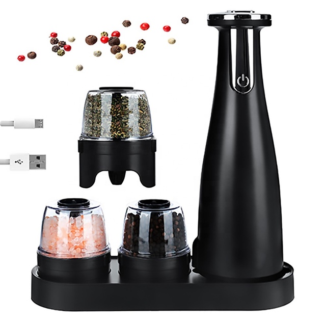One-Hand Electric Salt & Pepper Mixer with 3 Default Jars USB/Battery Powered Household Outdoor BBQ Use Durable Plastic Housing