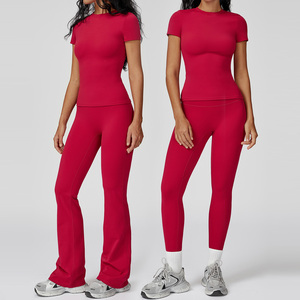 Logo personalizzato GYM Wear Sport Fitness allenamento donna canotta maglietta per donne Yoga Flares pantaloni Set Yoga Legging ragazze - Product Image 1