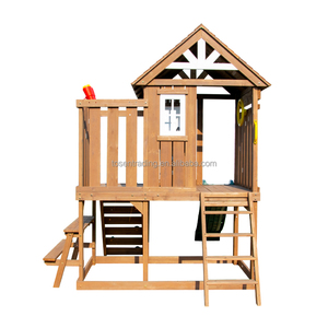 Casita de juegos de madera de 2 pisos para niños con tobogán y rocas para escalar, banco de picnic para patio trasero, juegos infantiles para exteriores. - Product Image 1